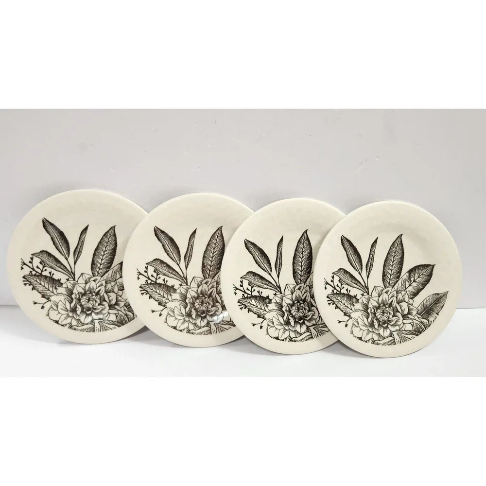 Demdaco Dessert Plates Set of 4- Black & White Floral Brand 6.24'